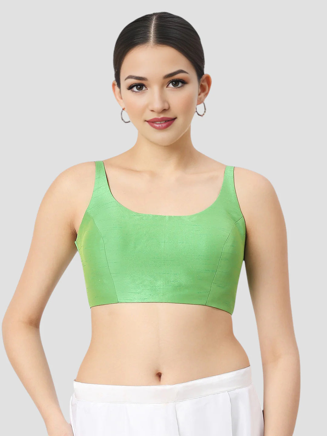 Light Green Silk Round Neck Sleeveless Readymade Blouse