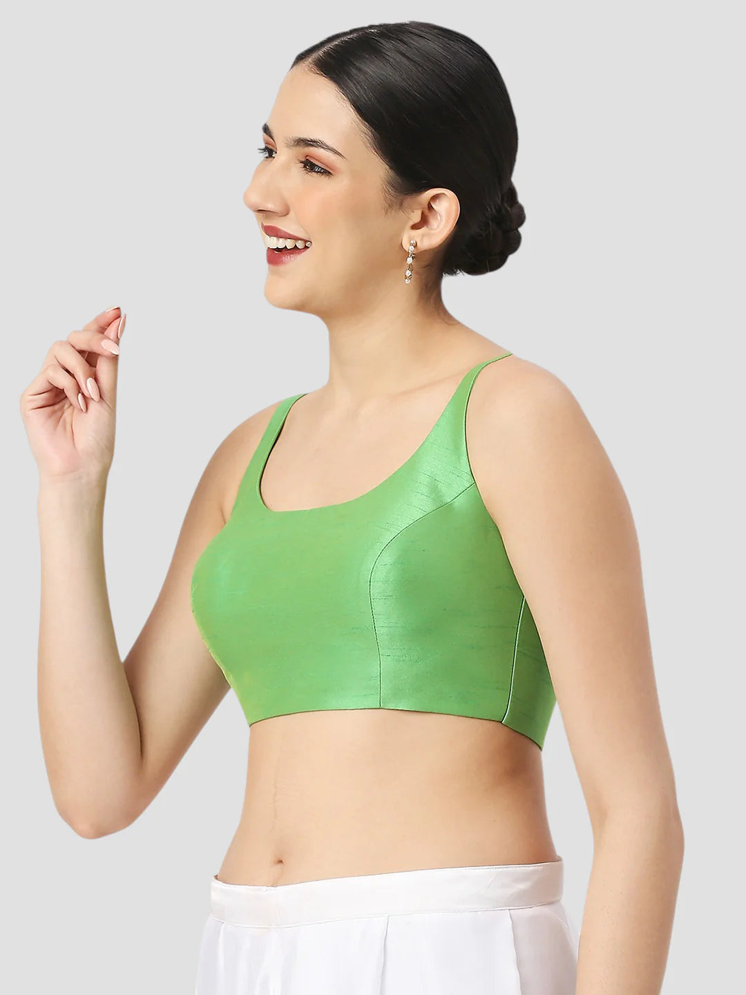 Light Green Silk Round Neck Sleeveless Readymade Blouse