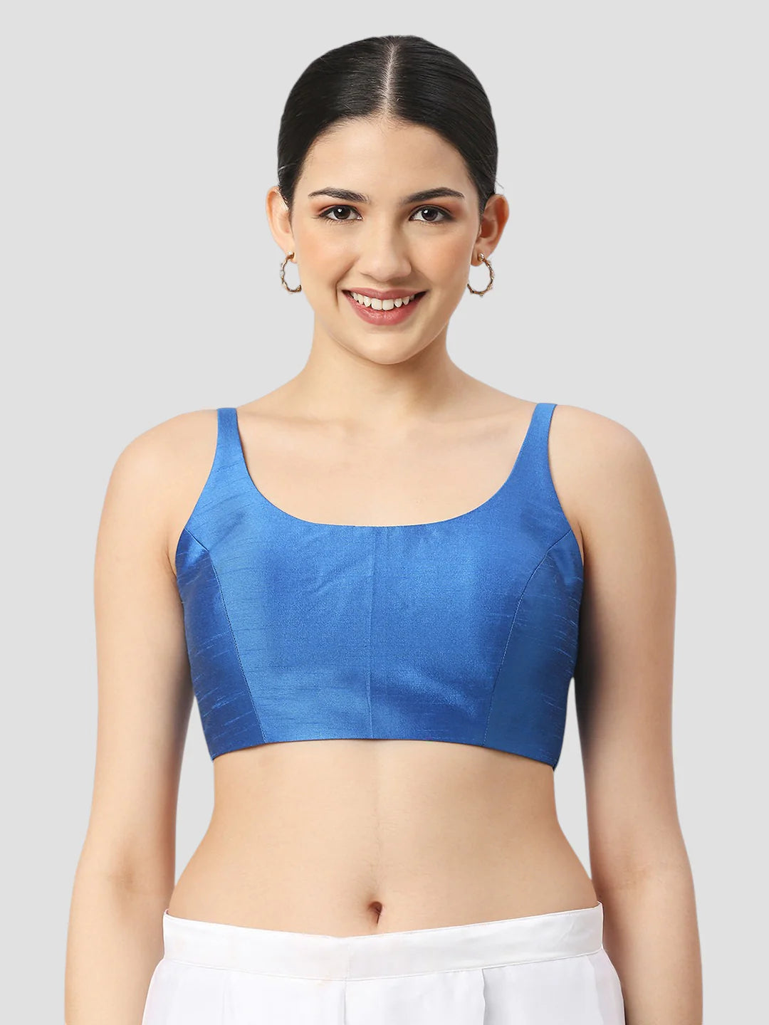 Bright Blue Silk Round Neck Sleeveless Readymade Blouse