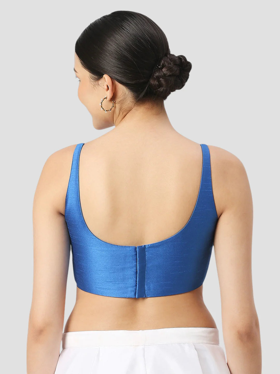 Bright Blue Silk Round Neck Sleeveless Readymade Blouse