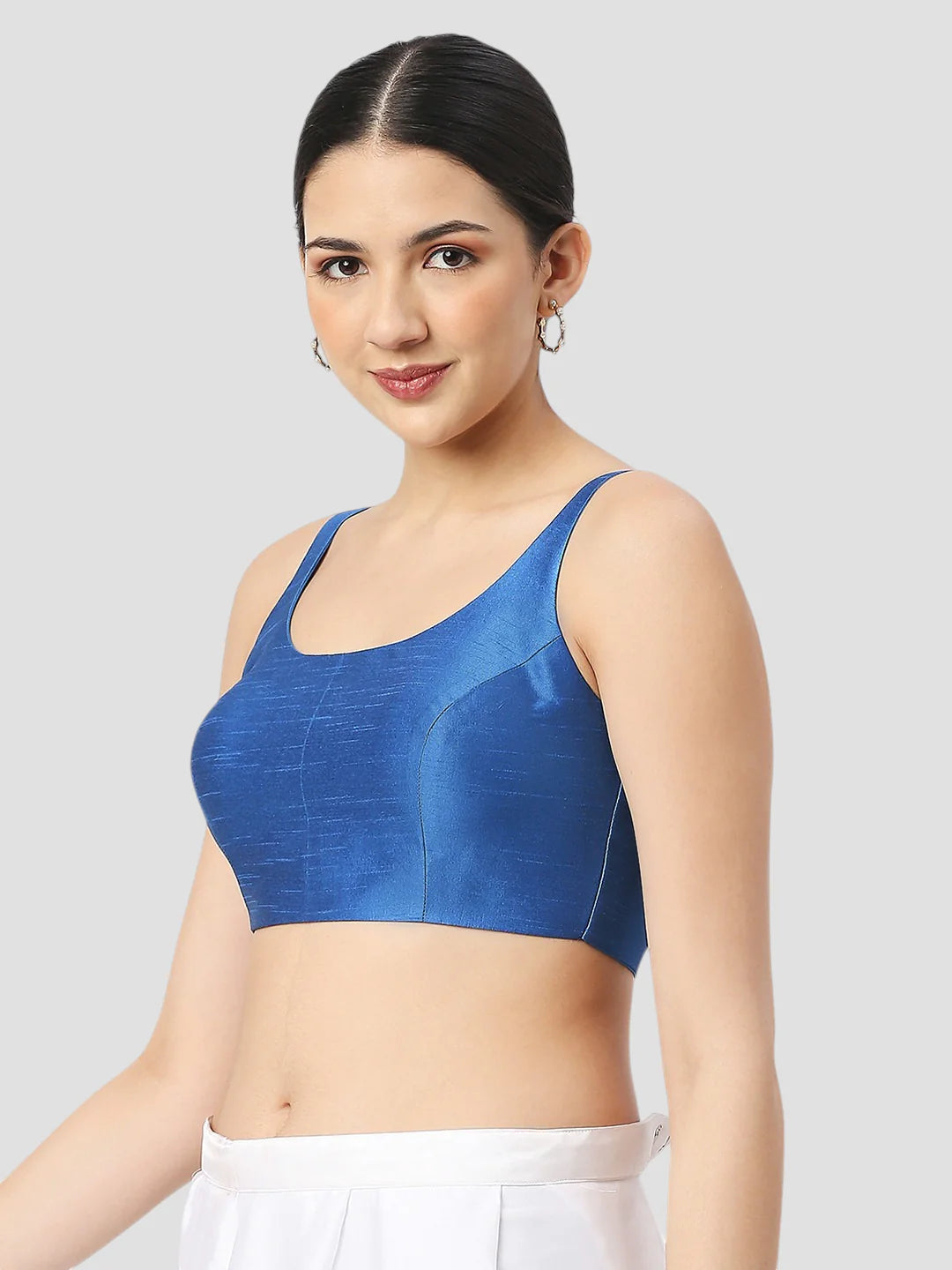 Bright Blue Silk Round Neck Sleeveless Readymade Blouse