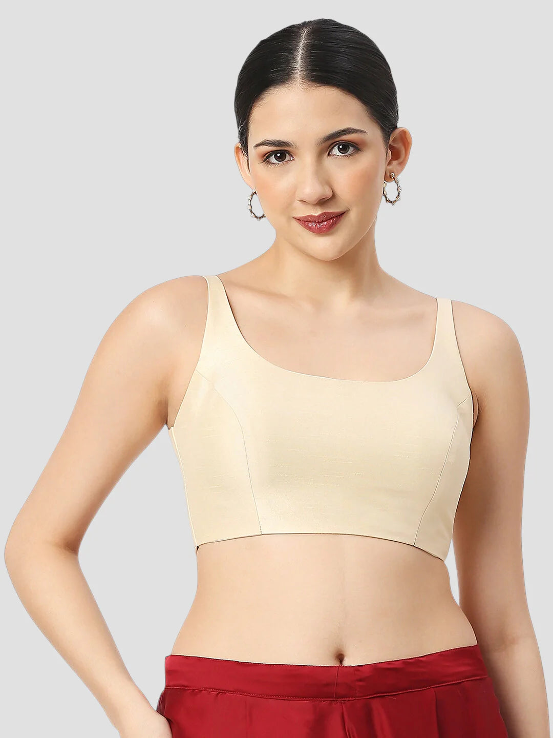 Cream Silk Round Neck Sleeveless Readymade Blouse