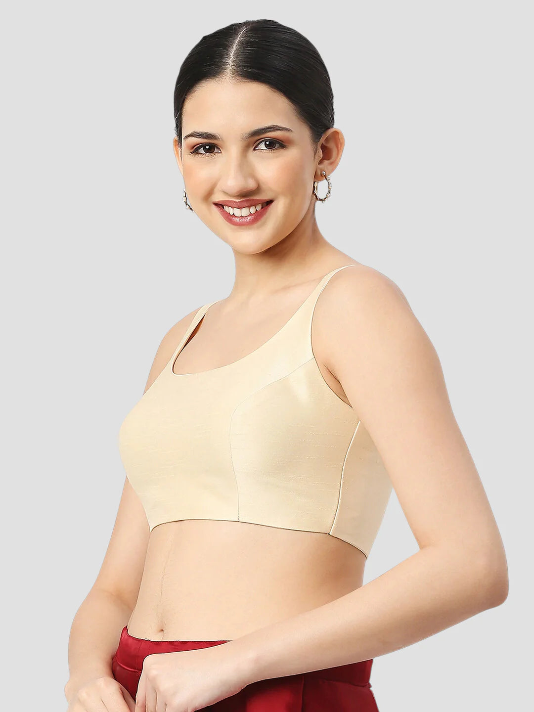 Cream Silk Round Neck Sleeveless Readymade Blouse