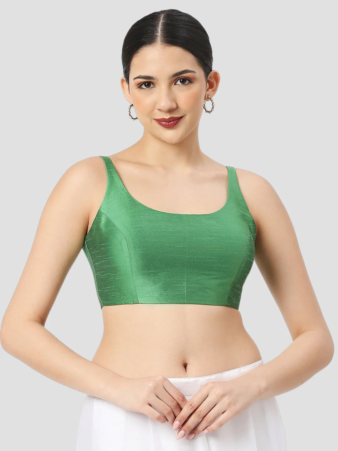 Green Silk Round Neck Sleeveless Readymade Blouse