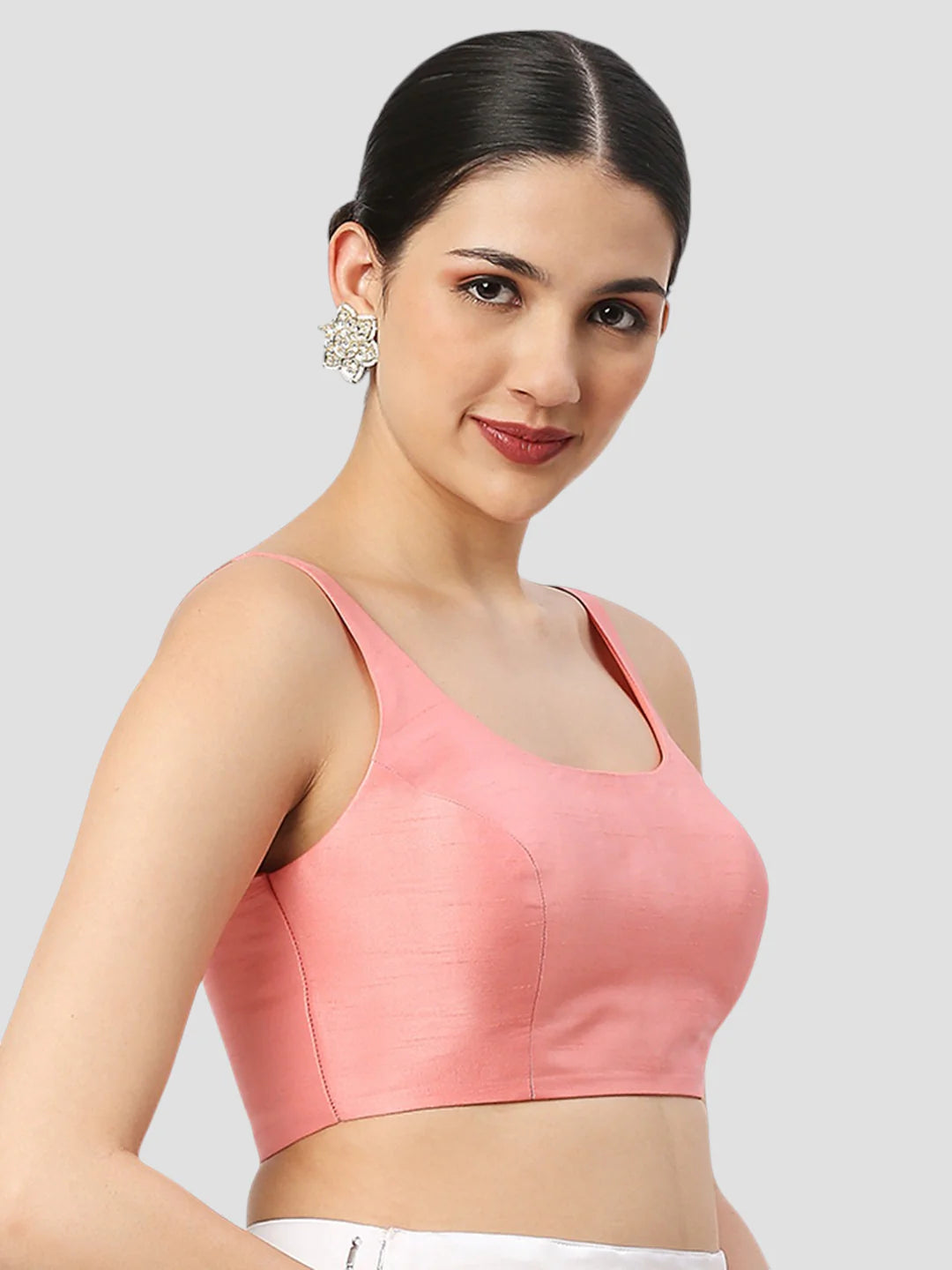 Light Peach Silk Round Neck Sleeveless Readymade Blouse