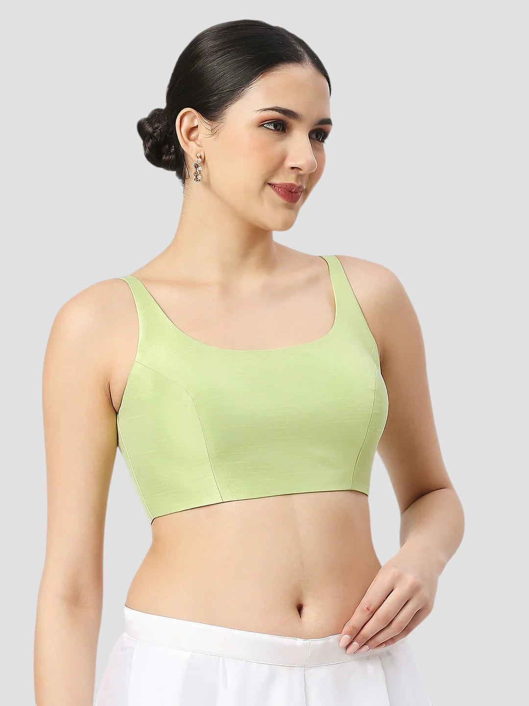 Pista Green Silk Round Neck Sleeveless Readymade Blouse