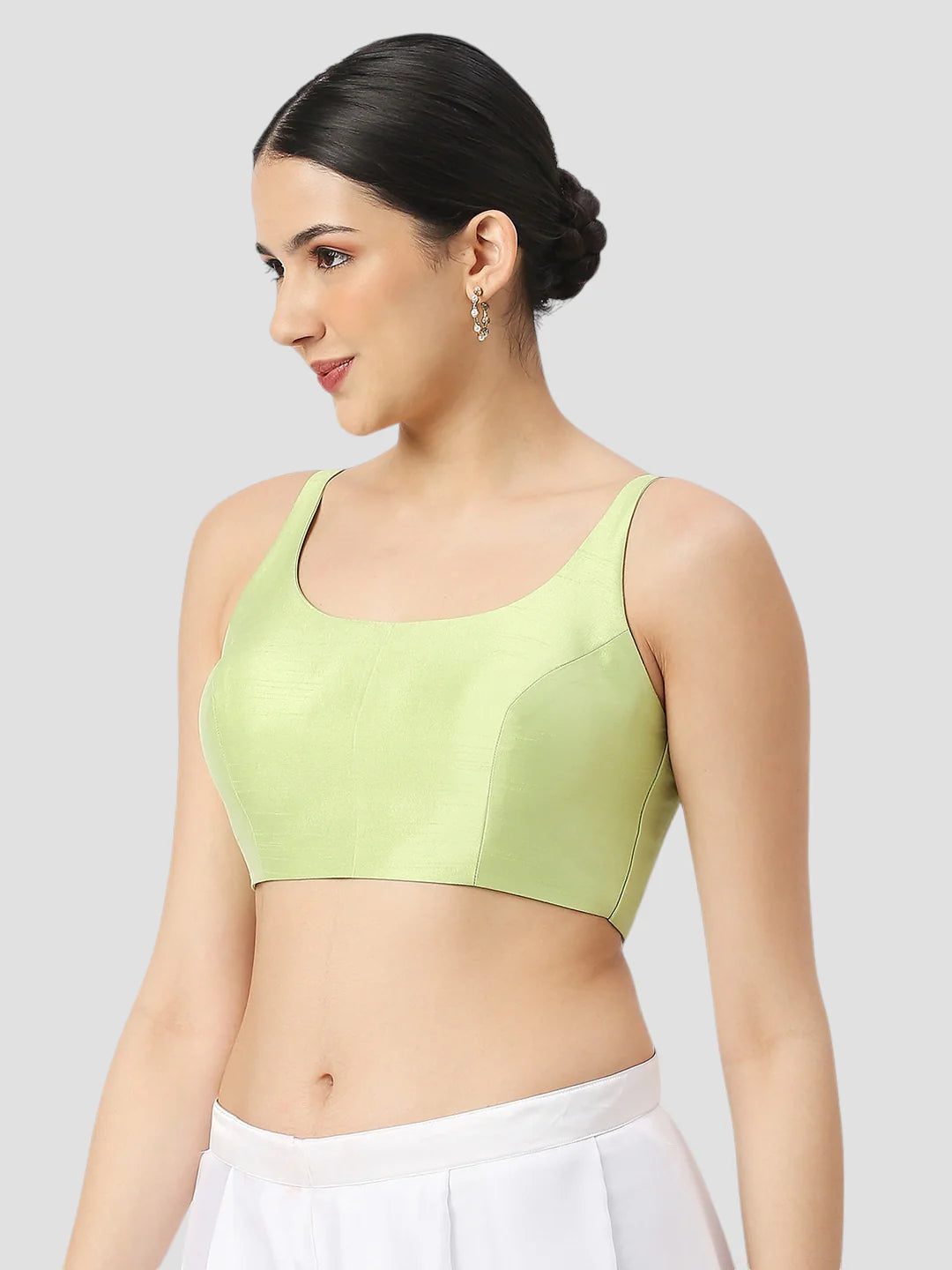 Pista Green Silk Round Neck Sleeveless Readymade Blouse