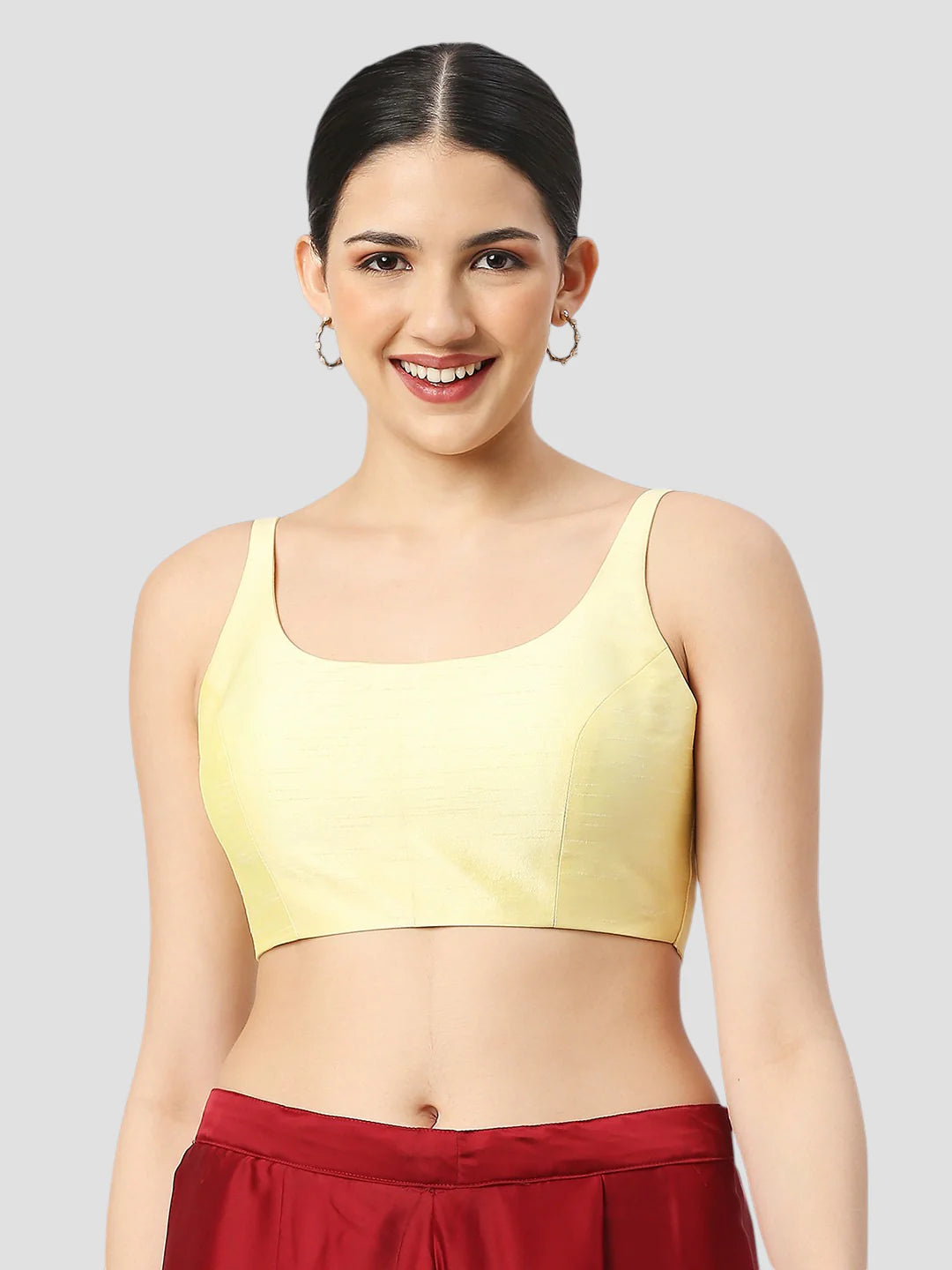 Lime Yellow Silk Round Neck Sleeveless Readymade Blouse