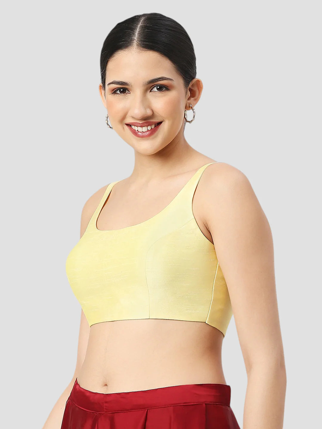 Lime Yellow Silk Round Neck Sleeveless Readymade Blouse