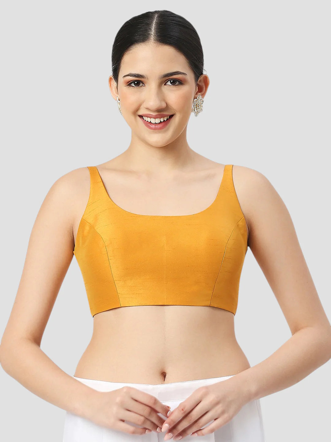 Mango Yellow Silk Round Neck Sleeveless Readymade Blouse