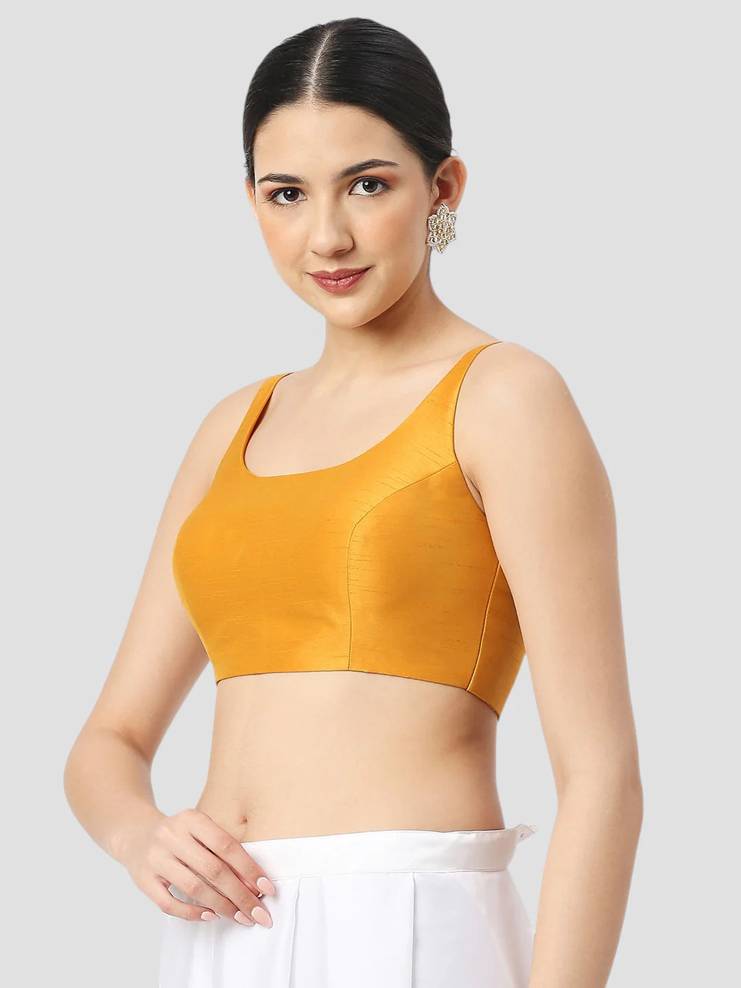 Mango Yellow Silk Round Neck Sleeveless Readymade Blouse
