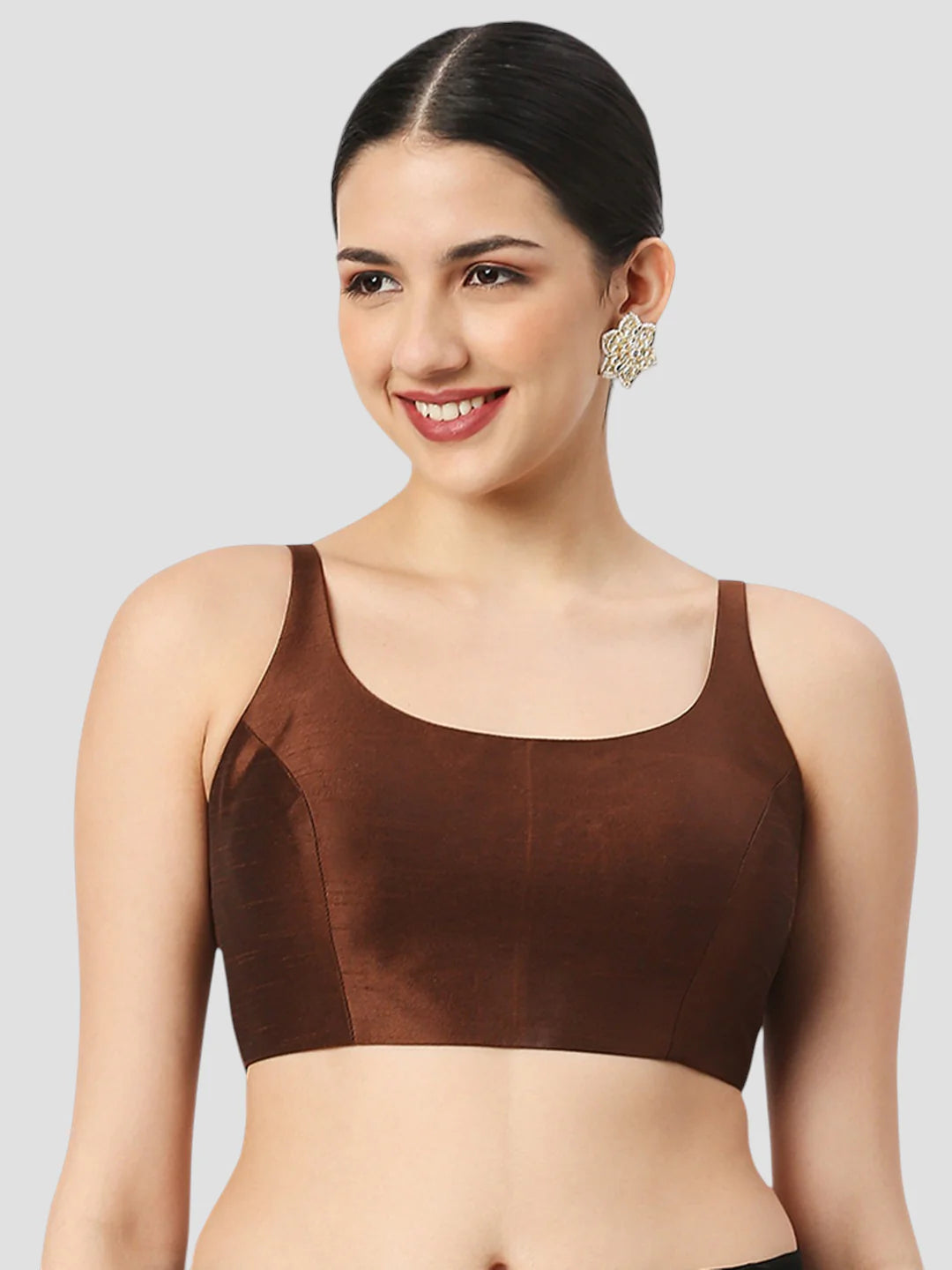 Brown Silk Round Neck Sleeveless Readymade Blouse