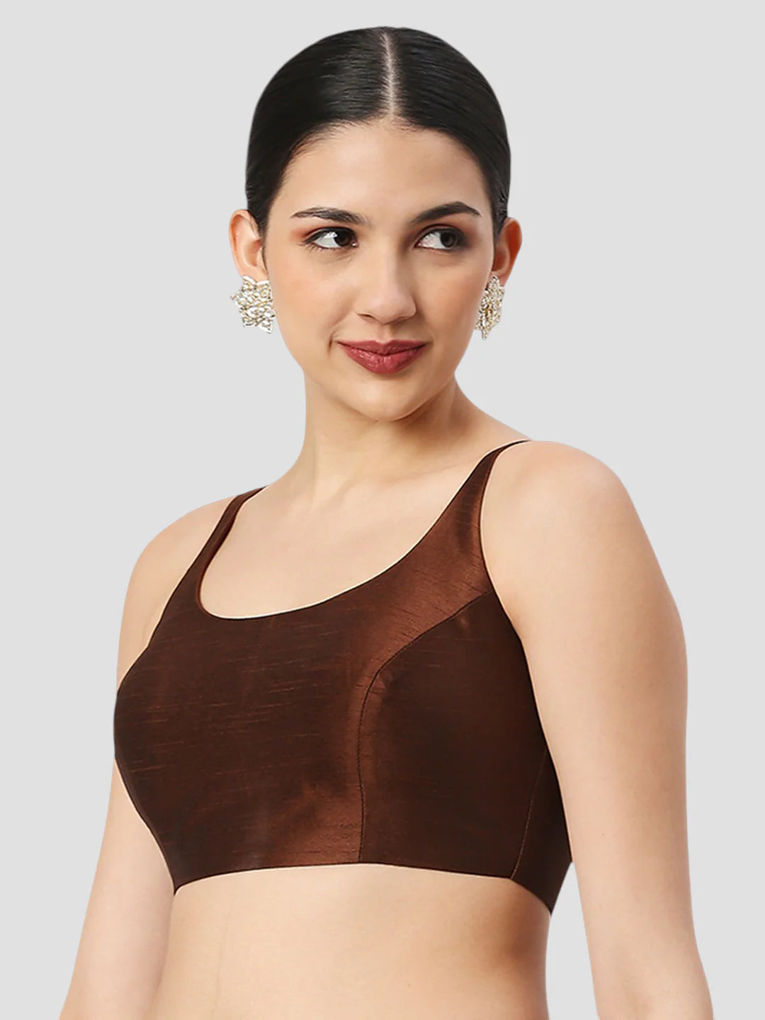 Brown Silk Round Neck Sleeveless Readymade Blouse