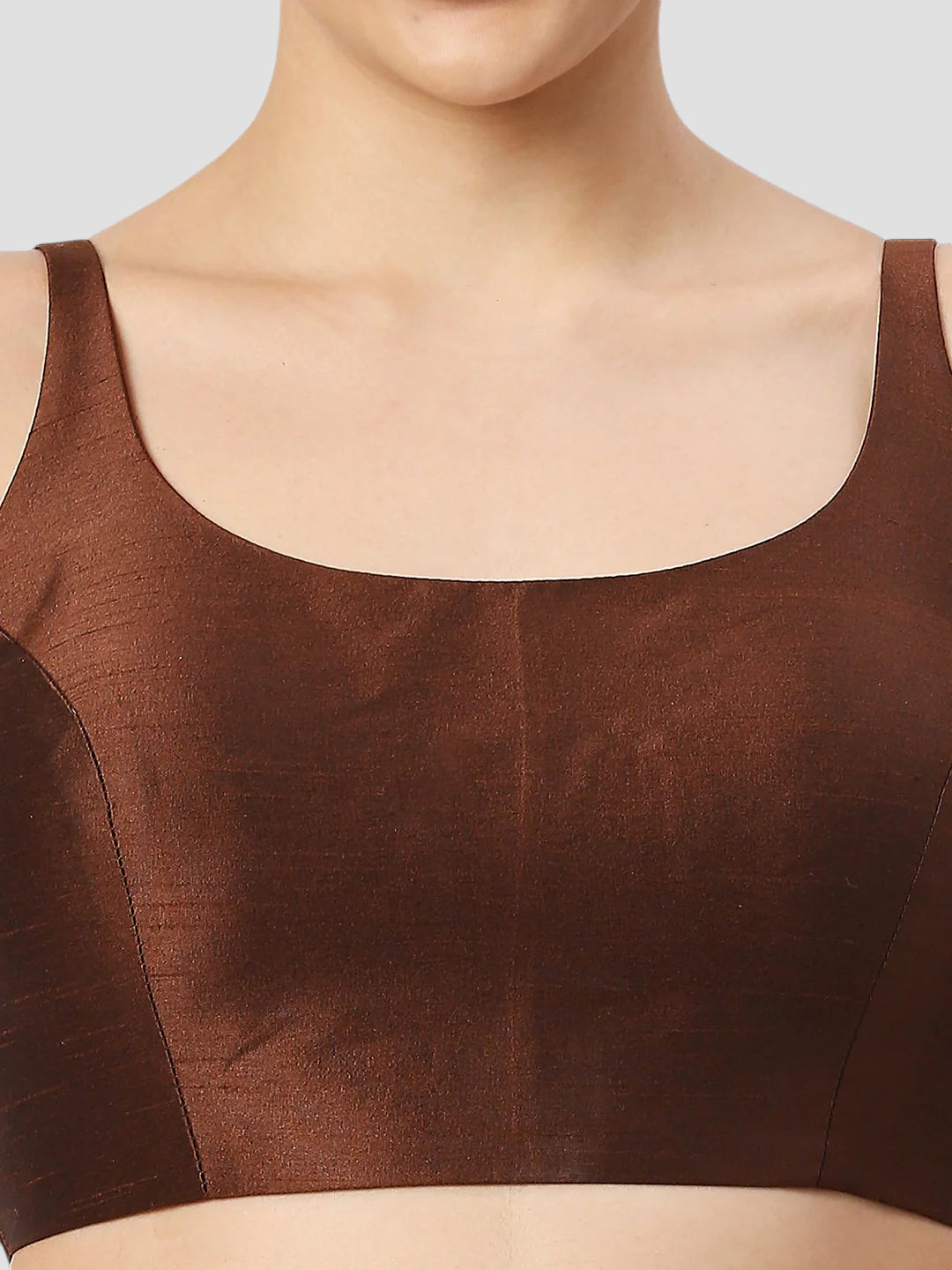 Brown Silk Round Neck Sleeveless Readymade Blouse
