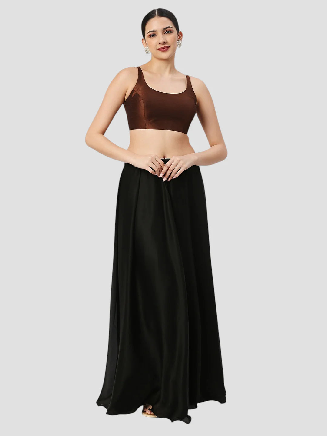 Brown Silk Round Neck Sleeveless Readymade Blouse