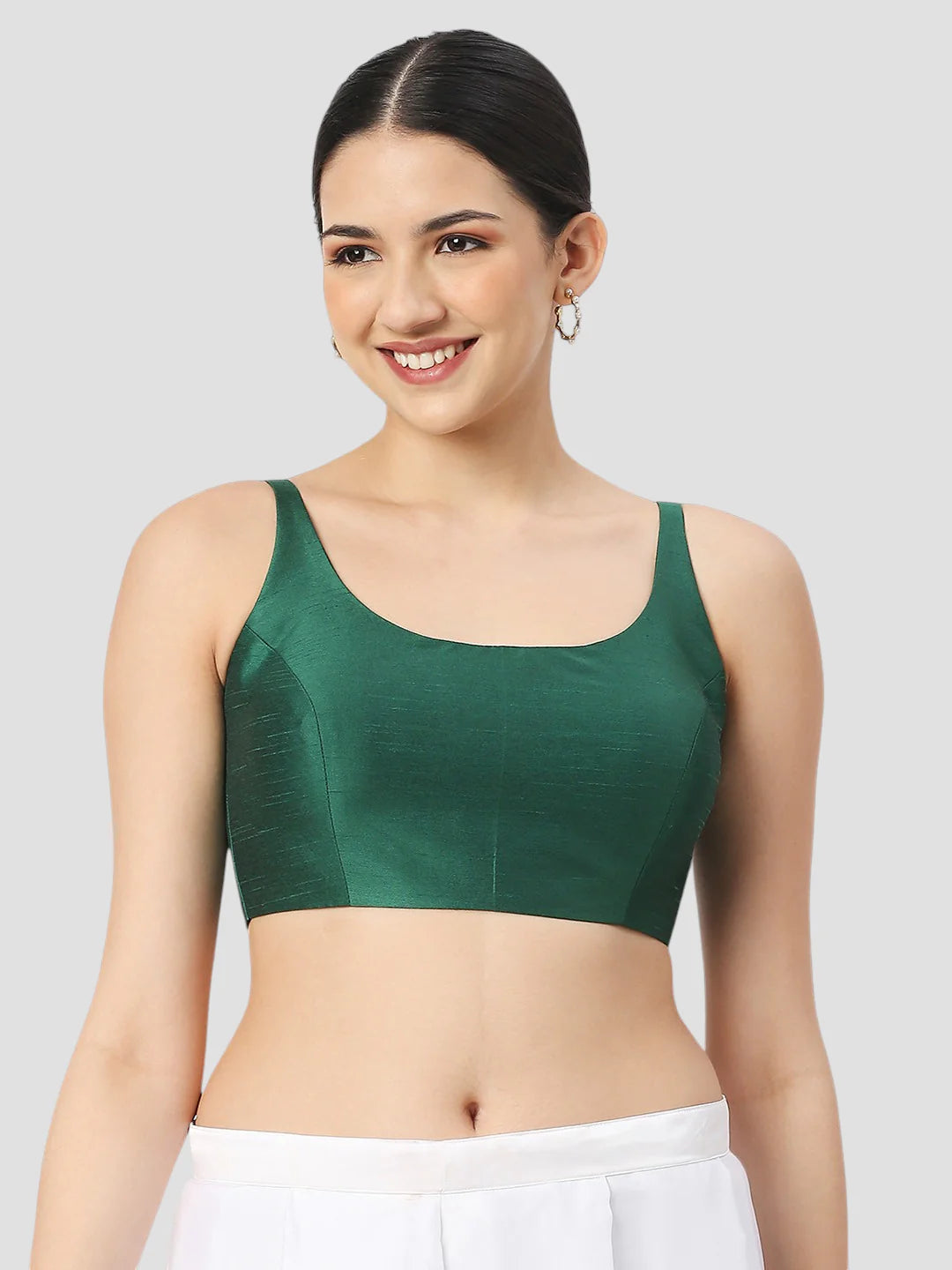 Dark Green Silk Round Neck Sleeveless Readymade Blouse