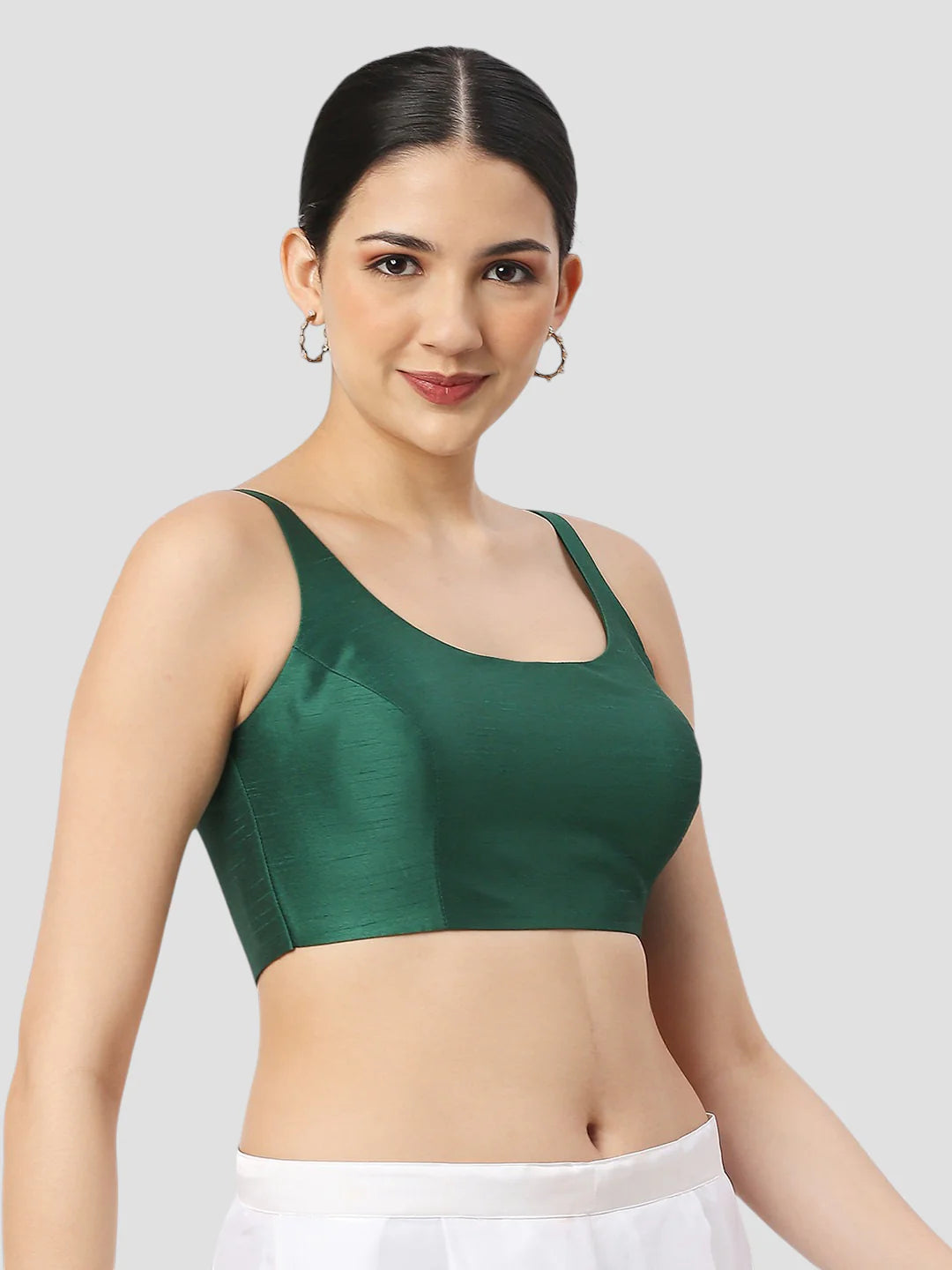 Dark Green Silk Round Neck Sleeveless Readymade Blouse