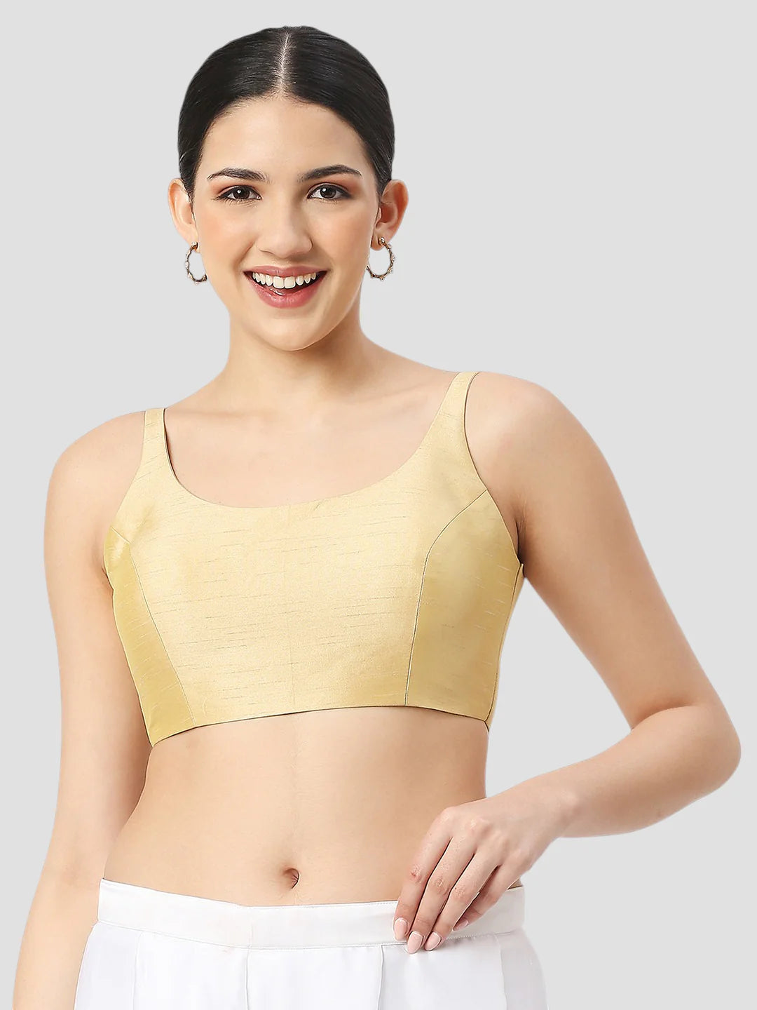 Golden Silk Round Neck Sleeveless Readymade Blouse