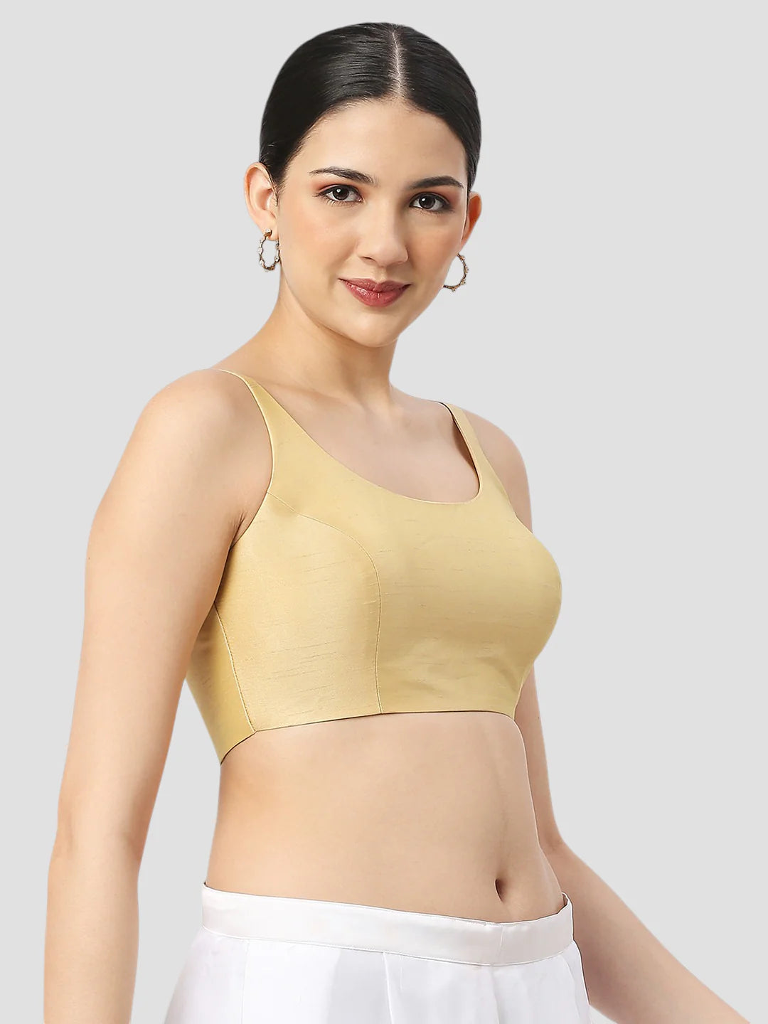 Golden Silk Round Neck Sleeveless Readymade Blouse