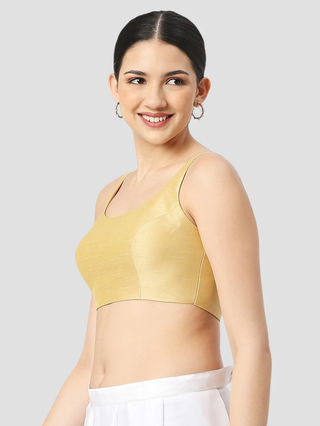 Golden Silk Round Neck Sleeveless Readymade Blouse