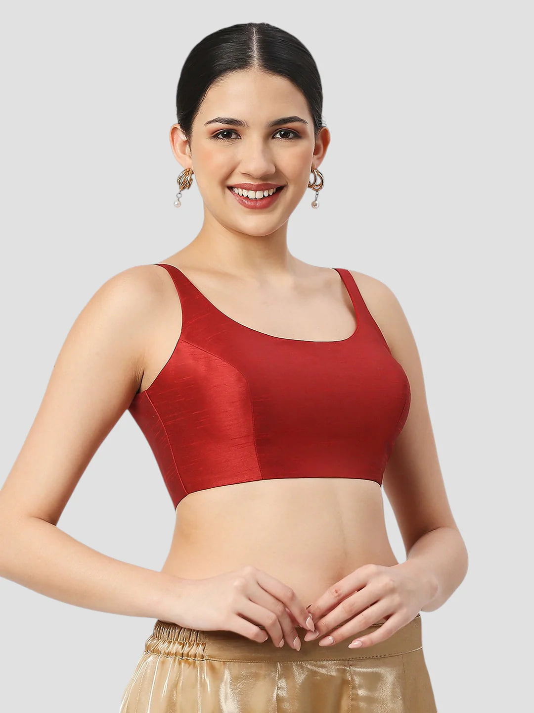 Maroon Silk Round Neck Sleeveless Readymade Blouse