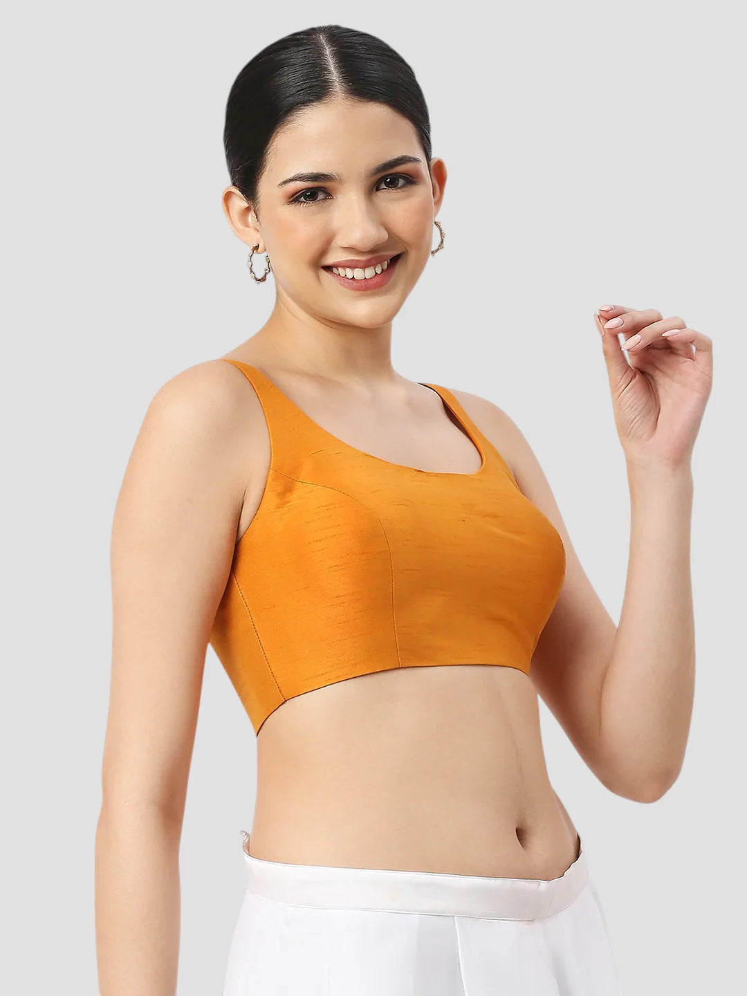 Mustard Silk Round Neck Sleeveless Readymade Blouse