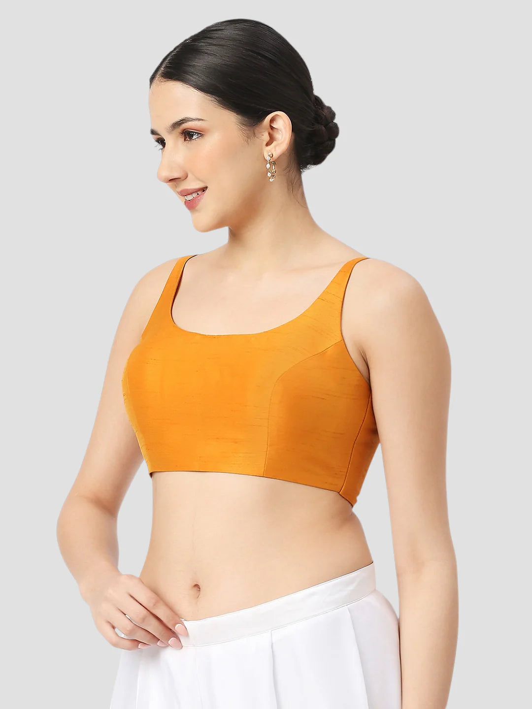 Mustard Silk Round Neck Sleeveless Readymade Blouse