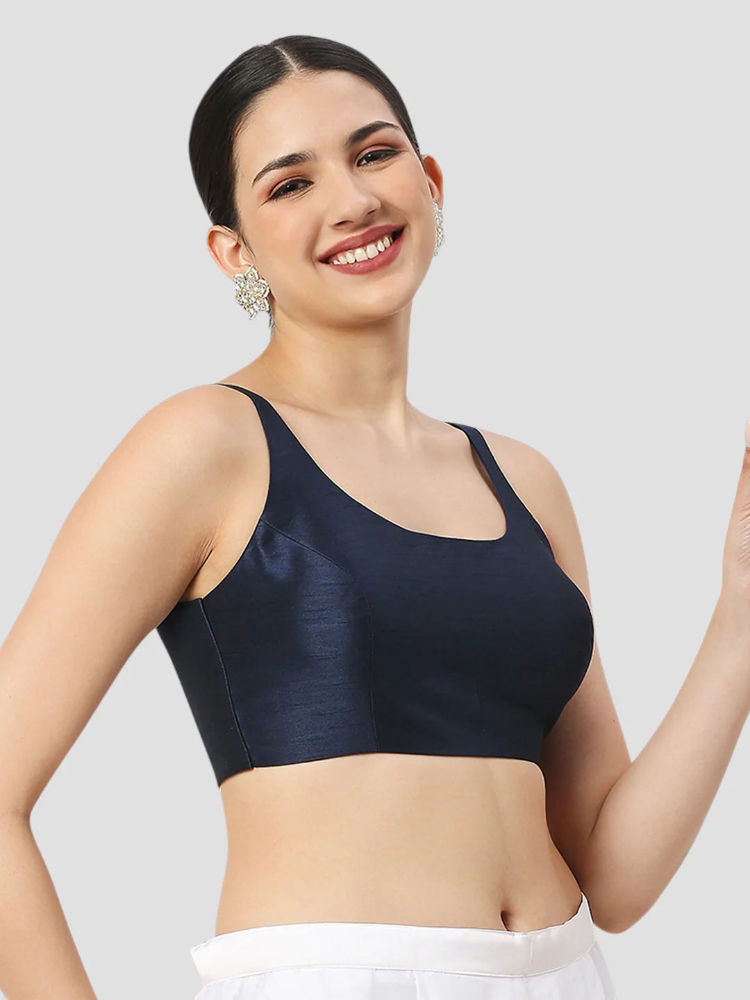 Navy Blue Silk Round Neck Sleeveless Readymade Blouse