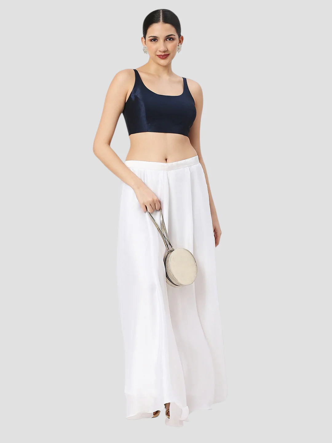 Navy Blue Silk Round Neck Sleeveless Readymade Blouse