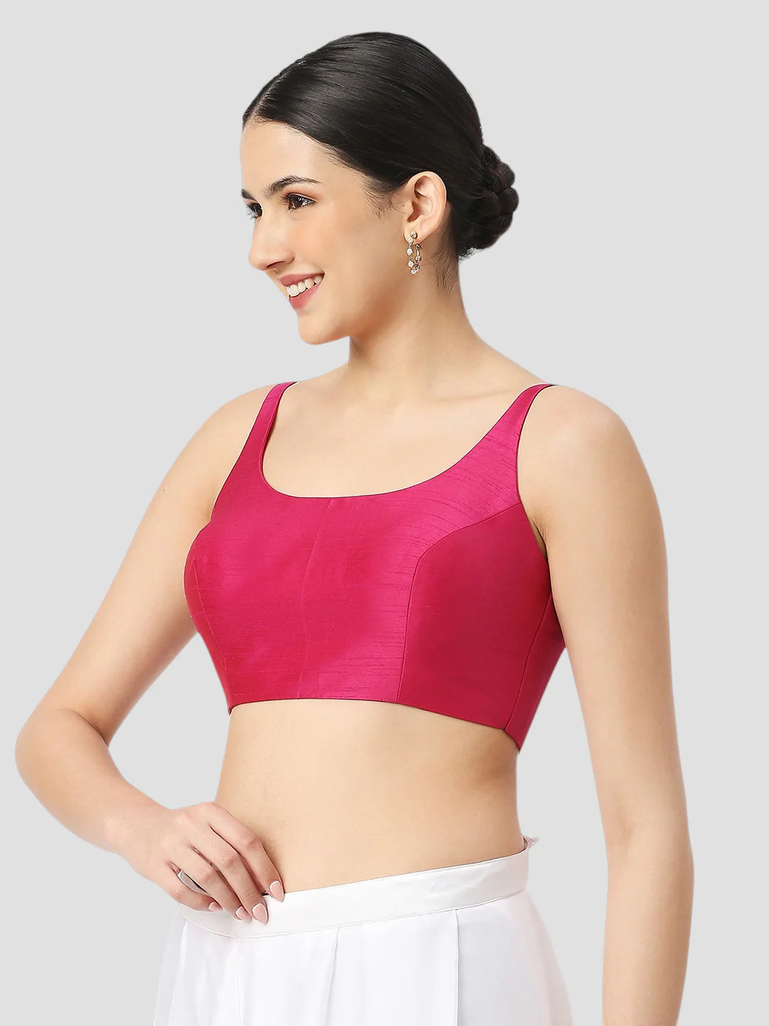 Rani Pink Silk Round Neck Sleeveless Readymade Blouse