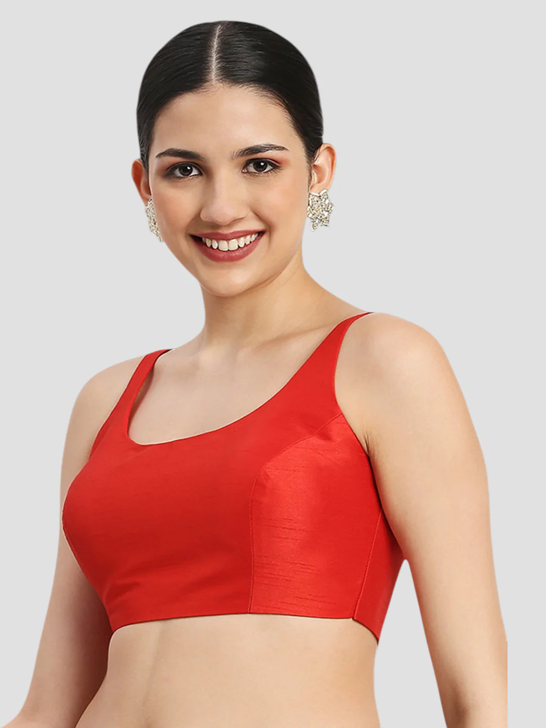 Red Silk Round Neck Sleeveless Readymade Blouse