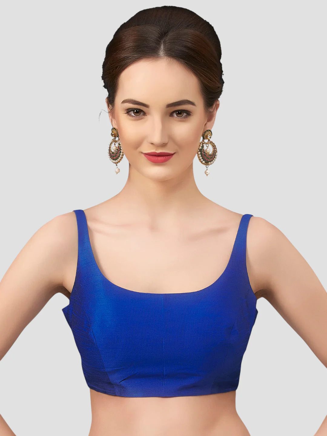 Royal Blue Silk Round Neck Sleeveless Readymade Blouse