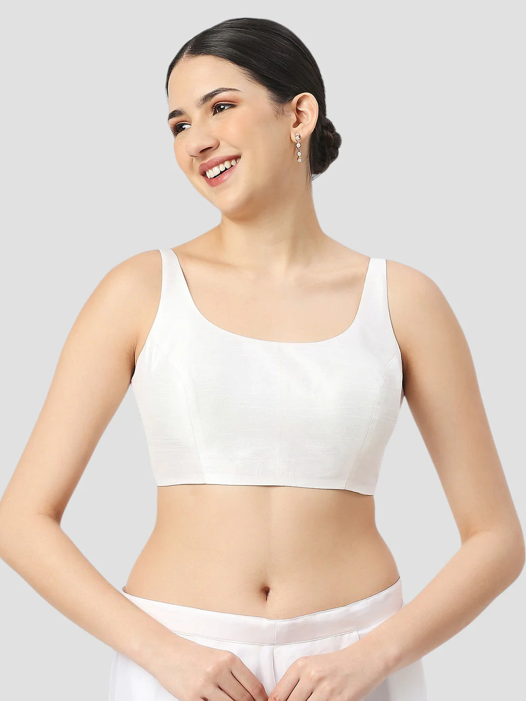 White Silk Round Neck Sleeveless Readymade Blouse