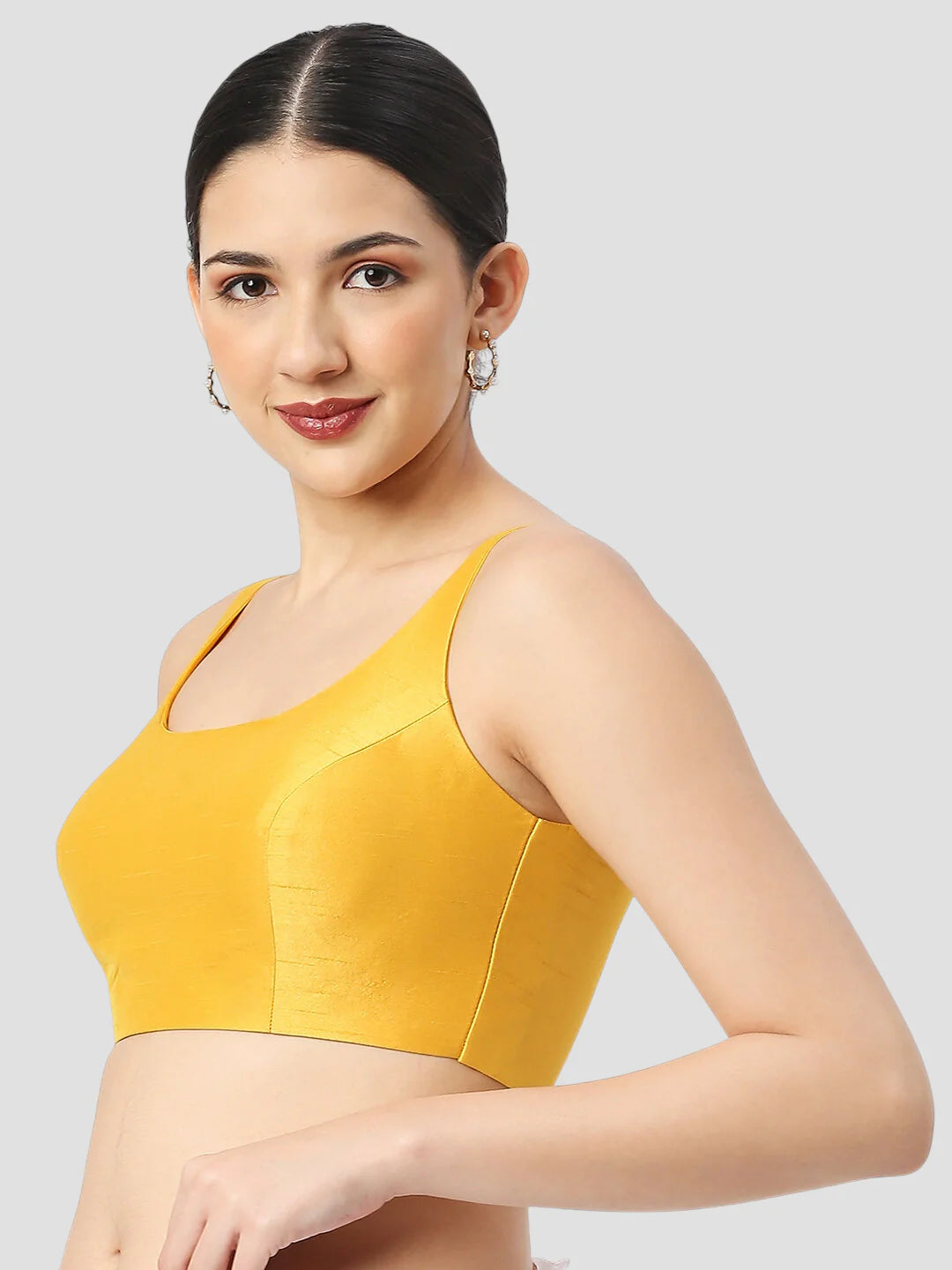 Yellow Silk Round Neck Sleeveless Readymade Blouse