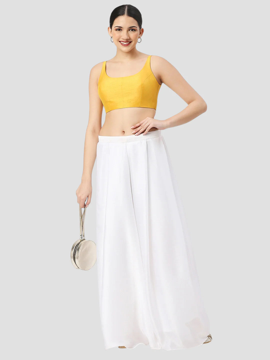 Yellow Silk Round Neck Sleeveless Readymade Blouse