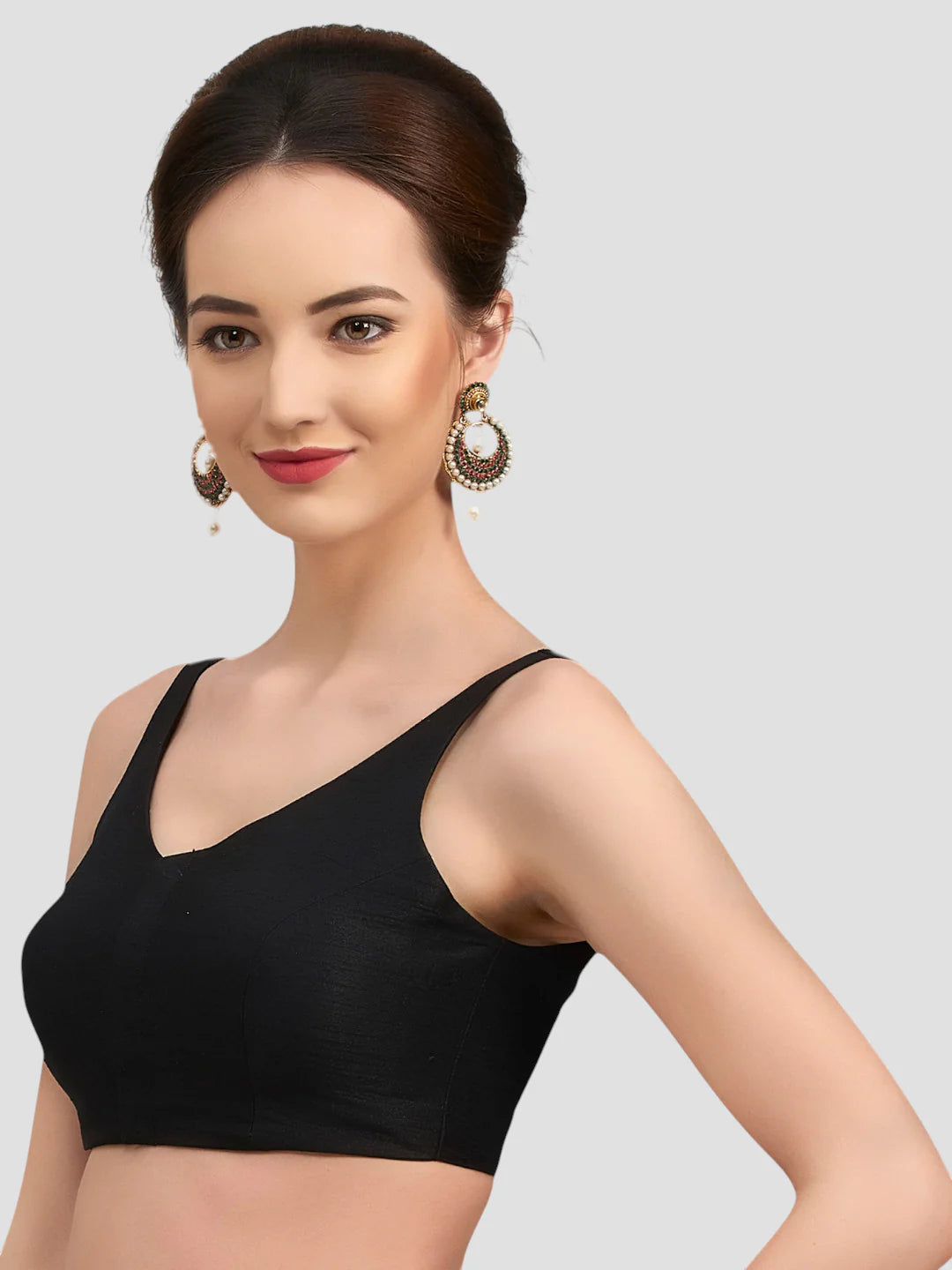 Black Silk V Neck Sleeveless Readymade Blouse