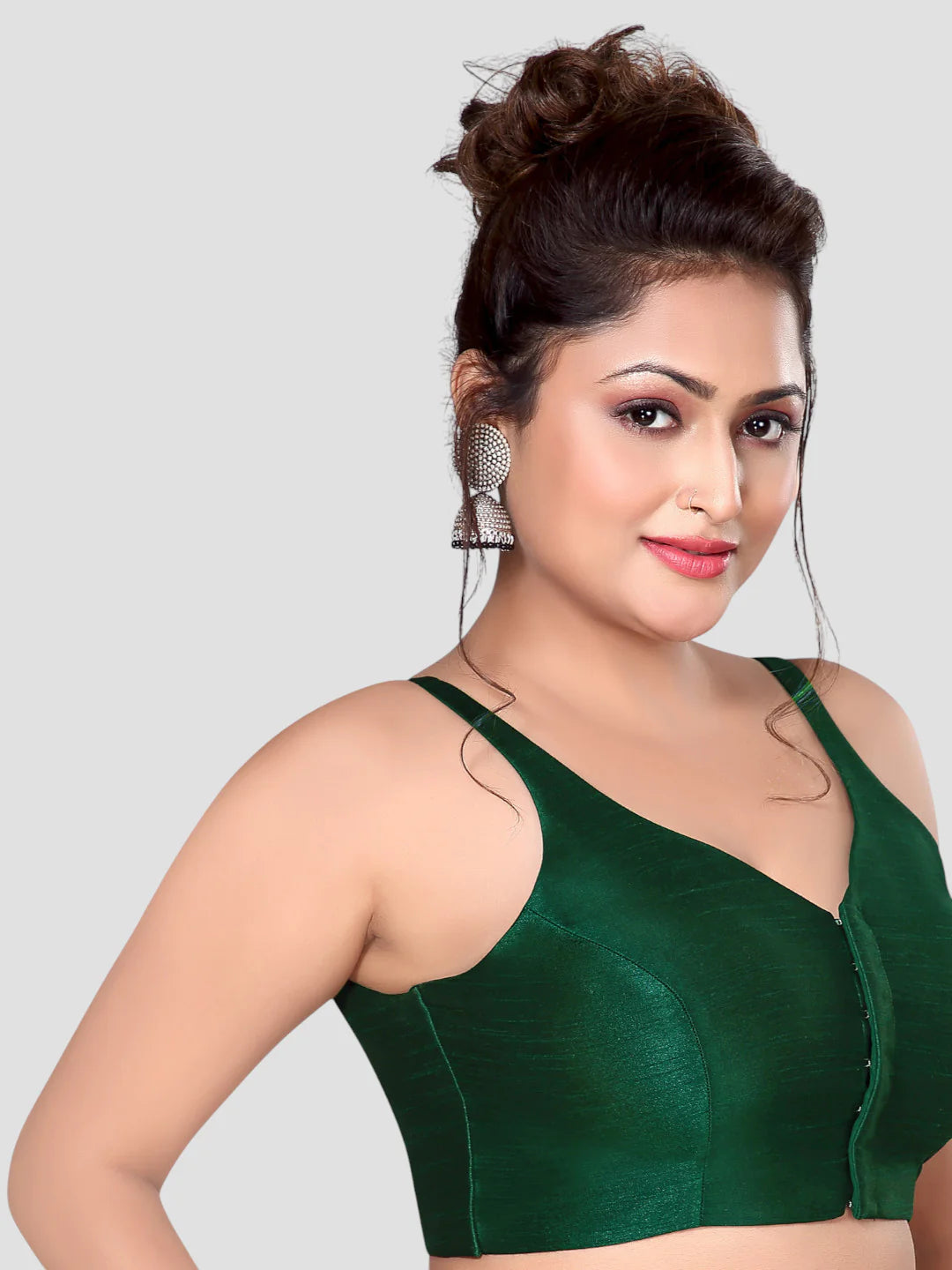 Dark Green Silk V Neck Sleeveless Readymade Blouse