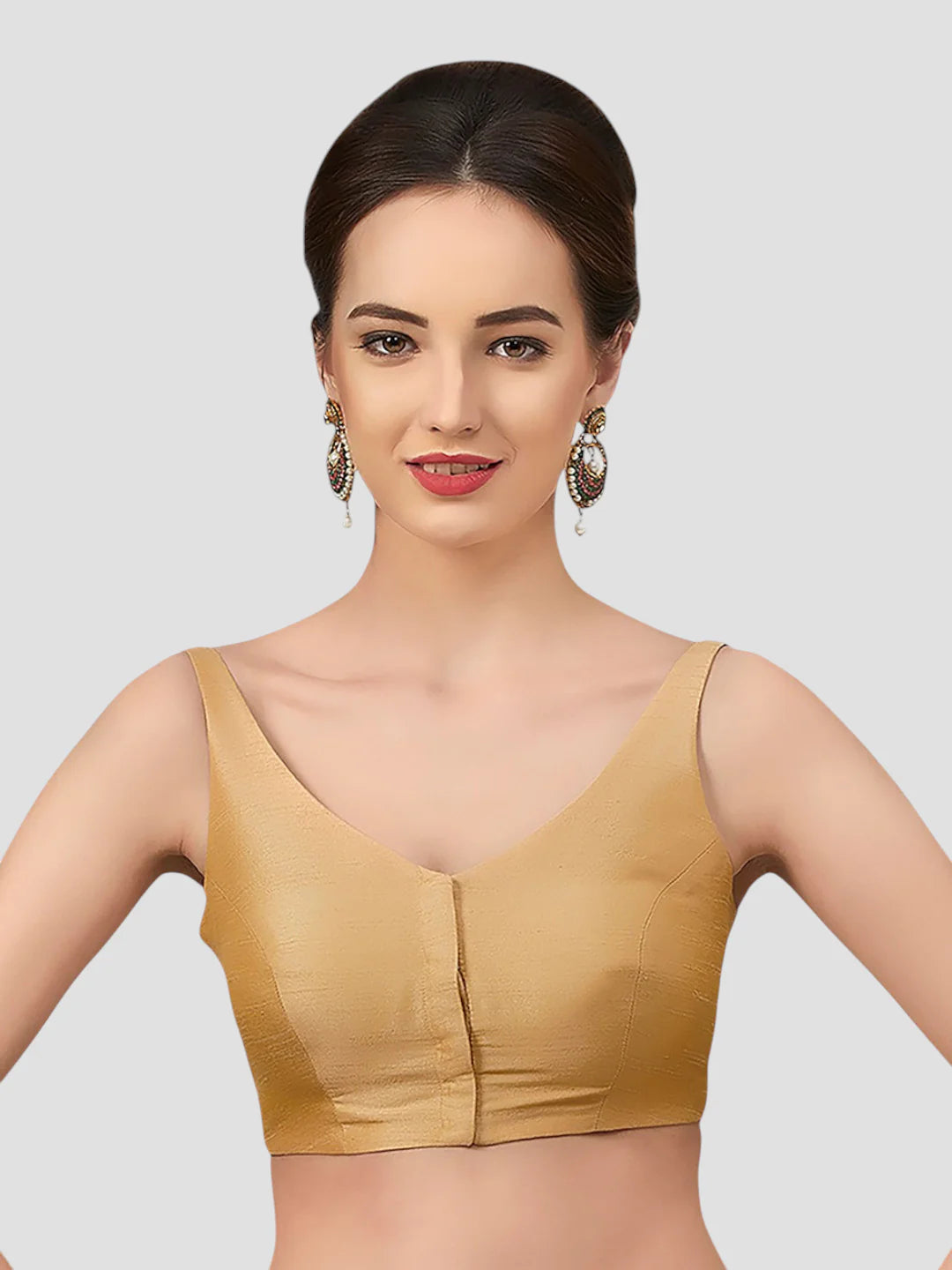Golden Silk V Neck Sleeveless Readymade Blouse