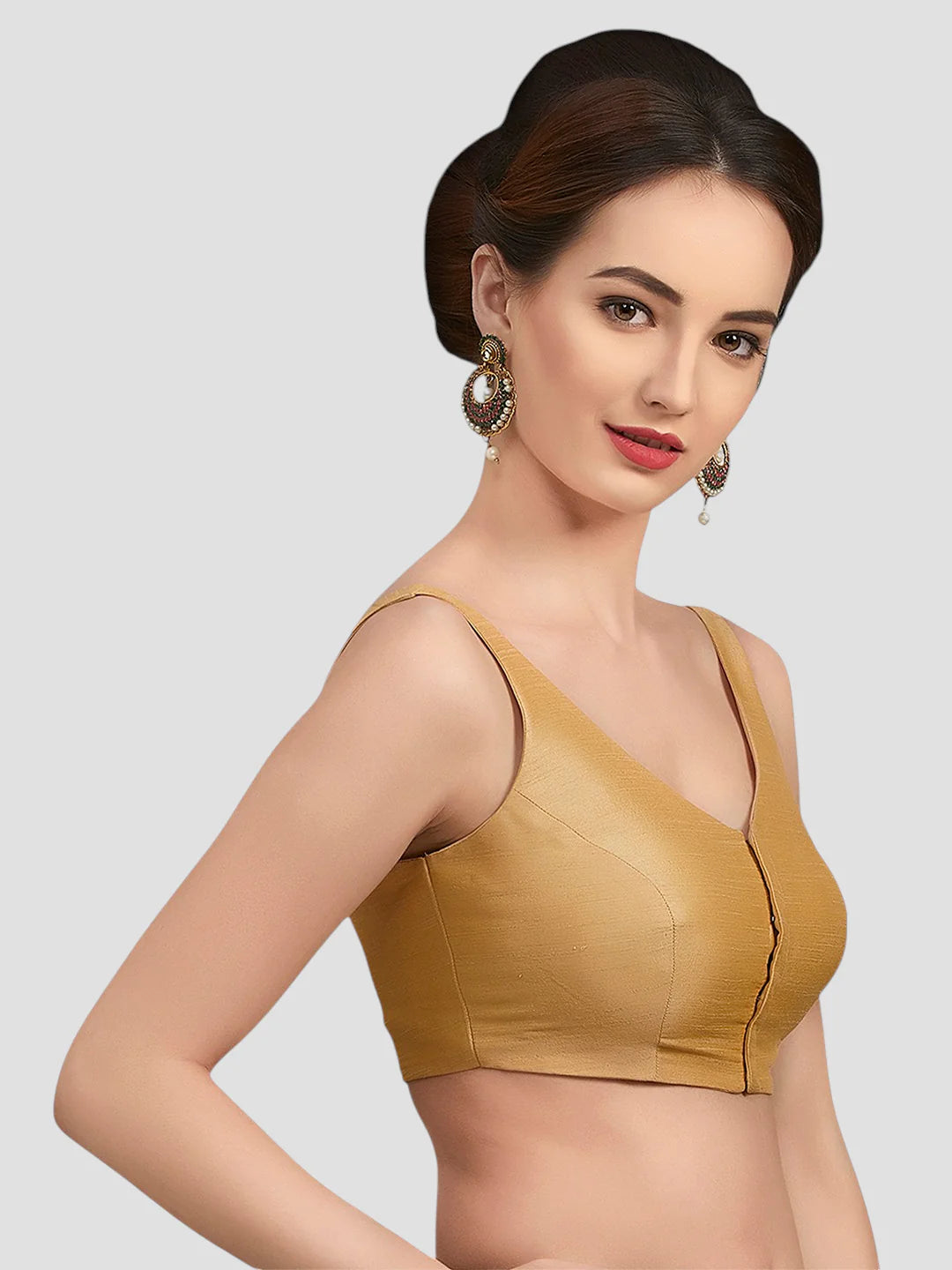 Golden Silk V Neck Sleeveless Readymade Blouse