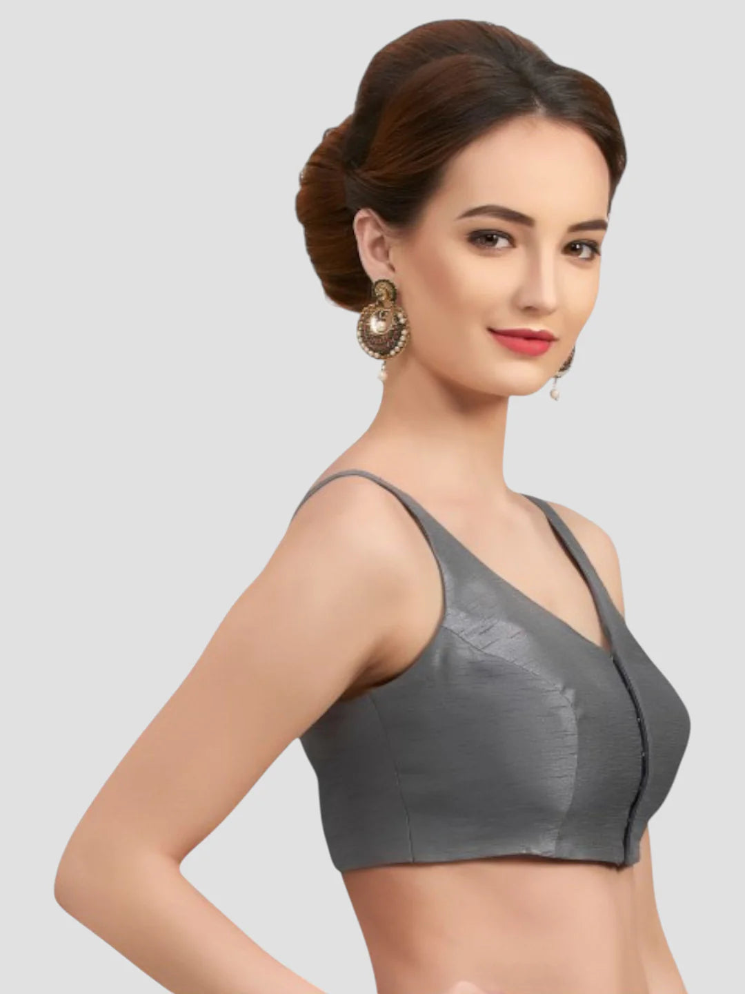 Grey Silk V Neck Sleeveless Readymade Blouse