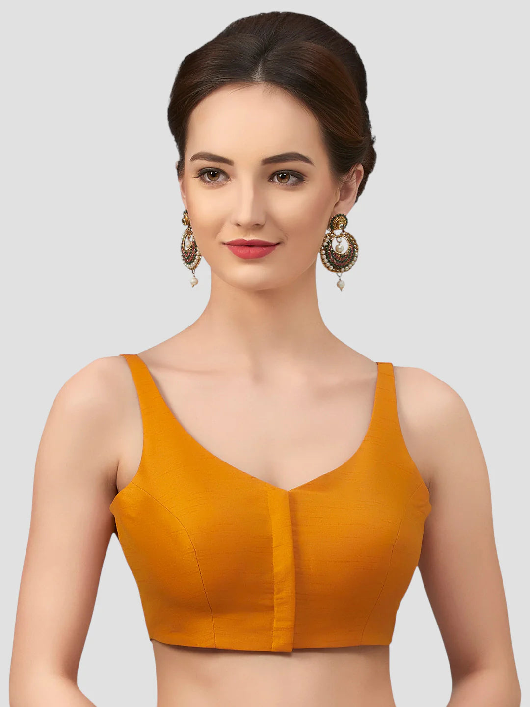 Mustard Silk V Neck Sleeveless Readymade Blouse