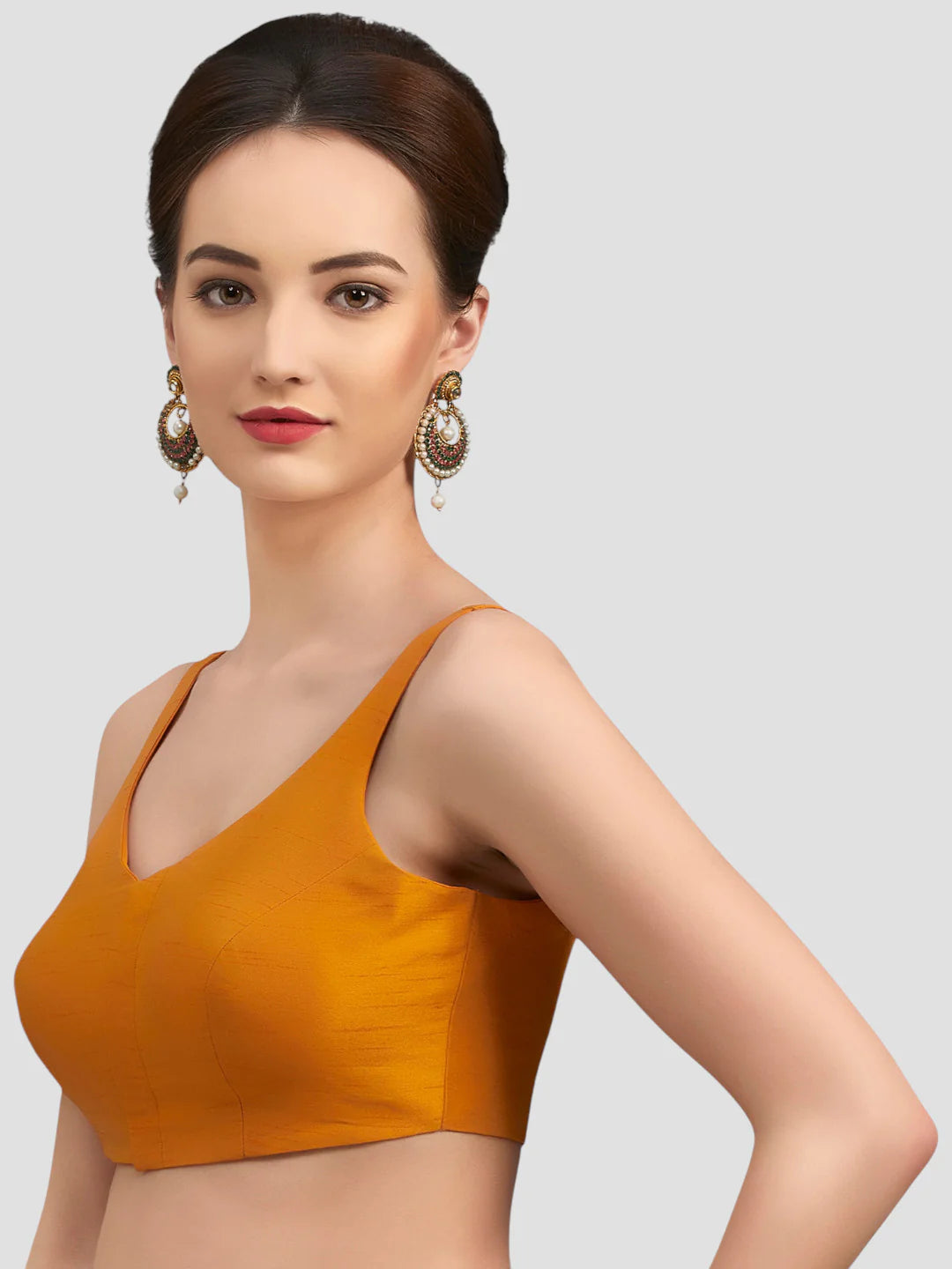 Mustard Silk V Neck Sleeveless Readymade Blouse