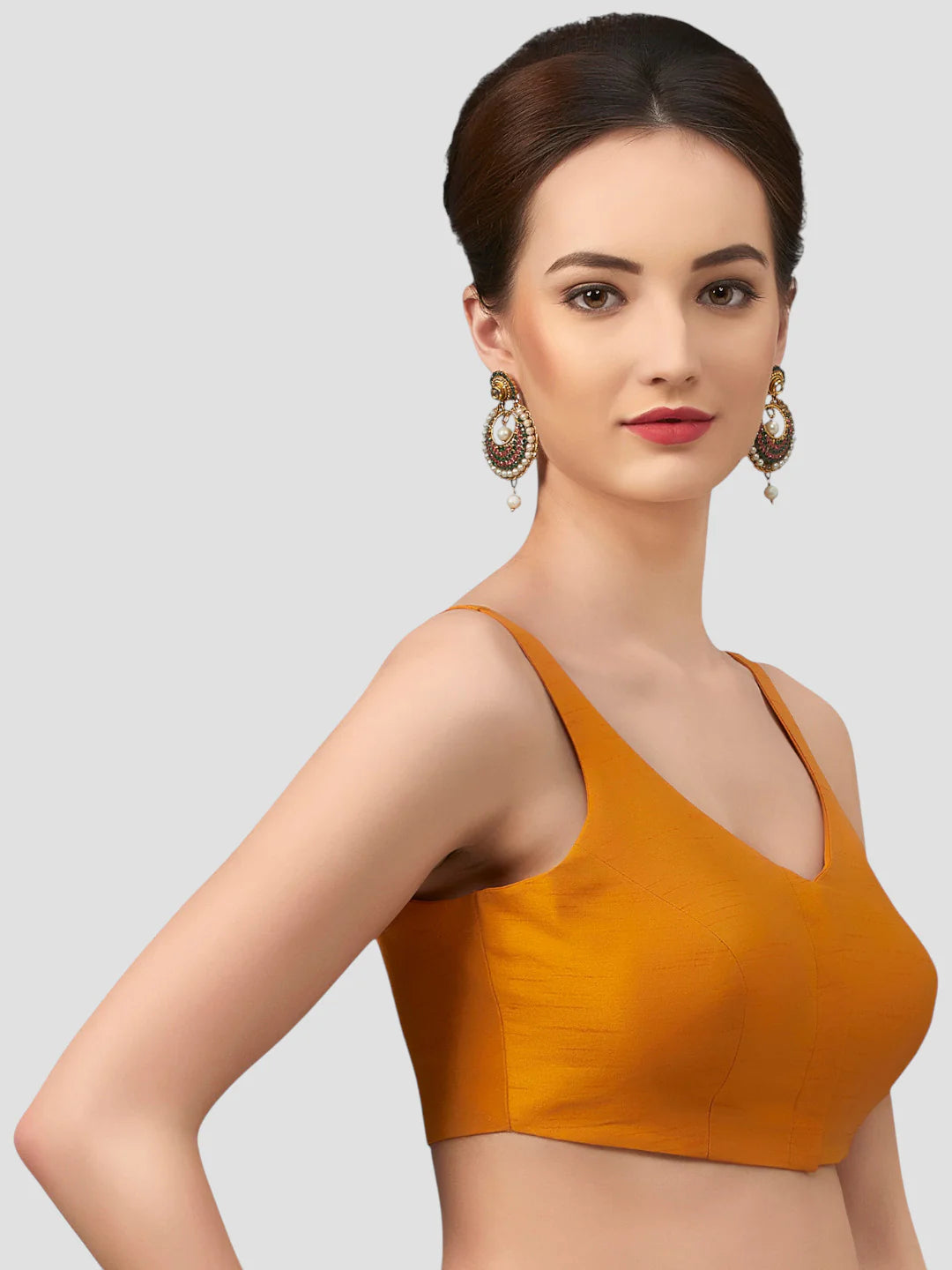 Mustard Silk V Neck Sleeveless Readymade Blouse