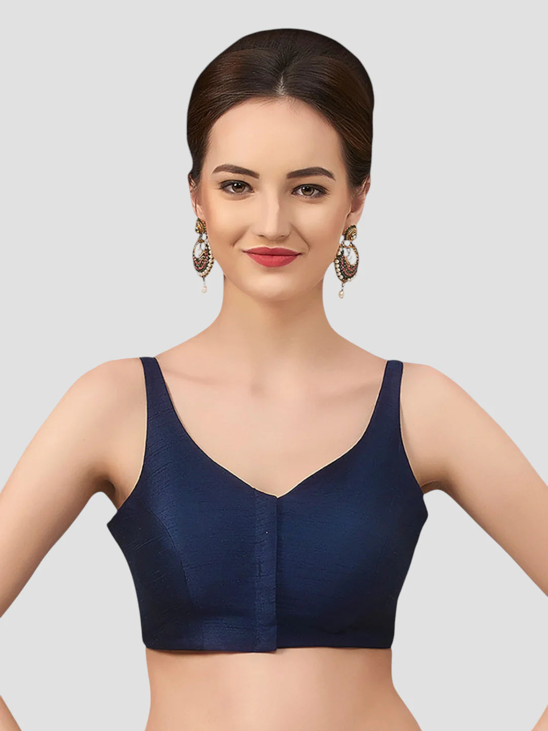 Navy Blue Silk V Neck Sleeveless Readymade Blouse