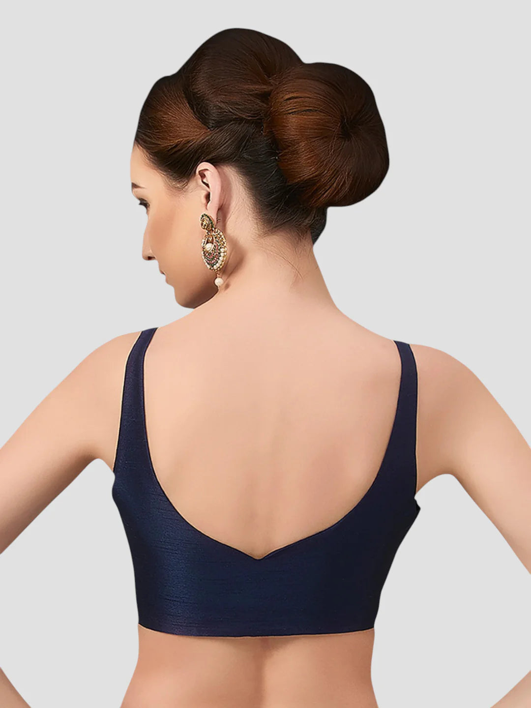 Navy Blue Silk V Neck Sleeveless Readymade Blouse