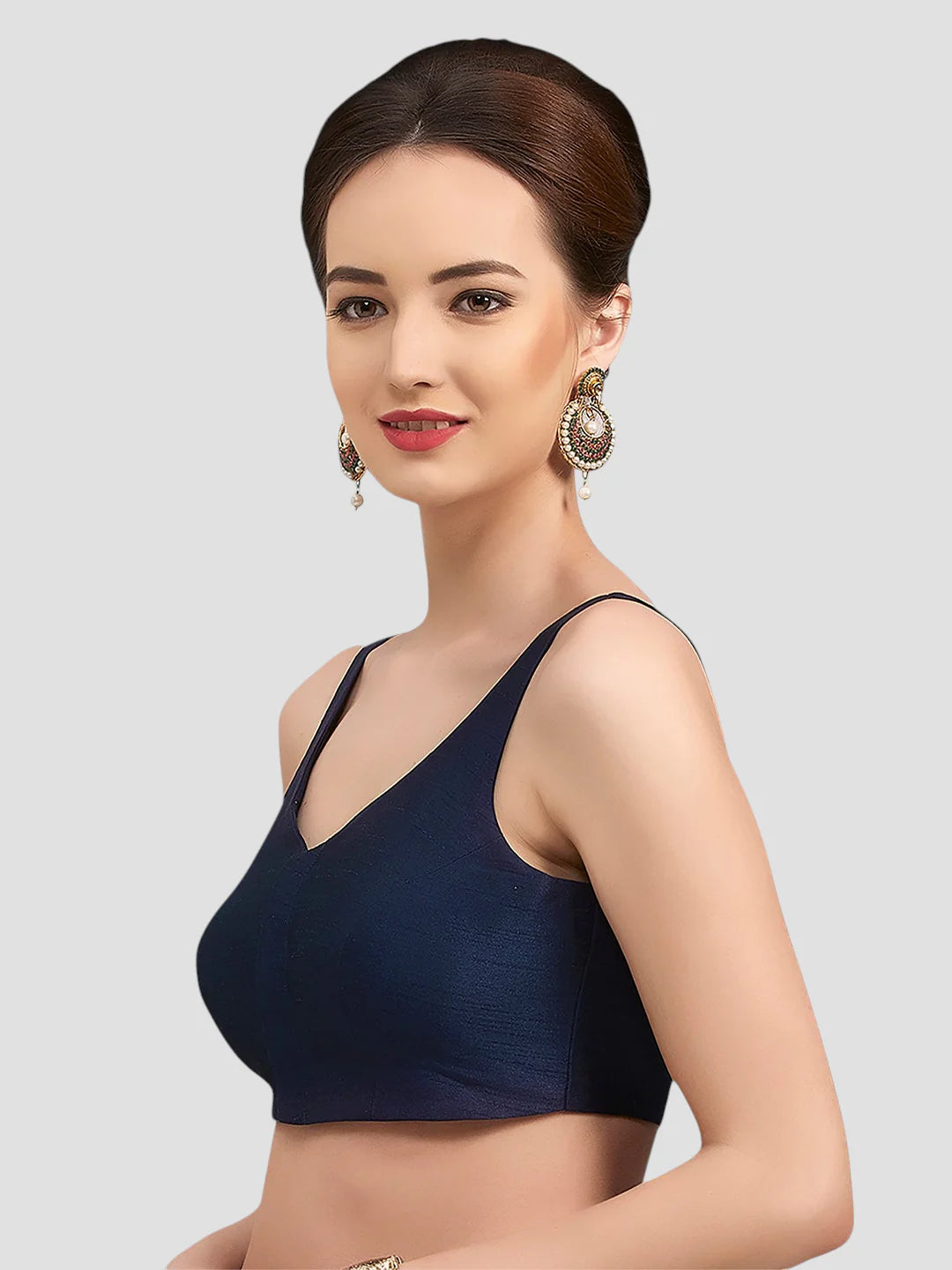 Navy Blue Silk V Neck Sleeveless Readymade Blouse