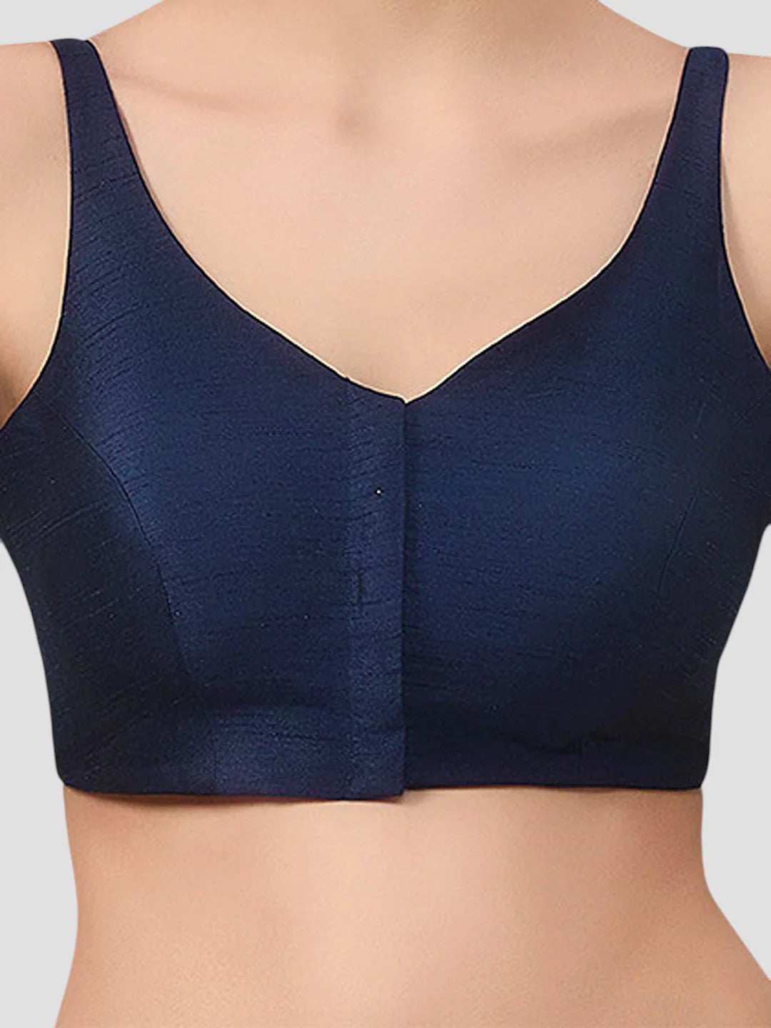 Navy Blue Silk V Neck Sleeveless Readymade Blouse