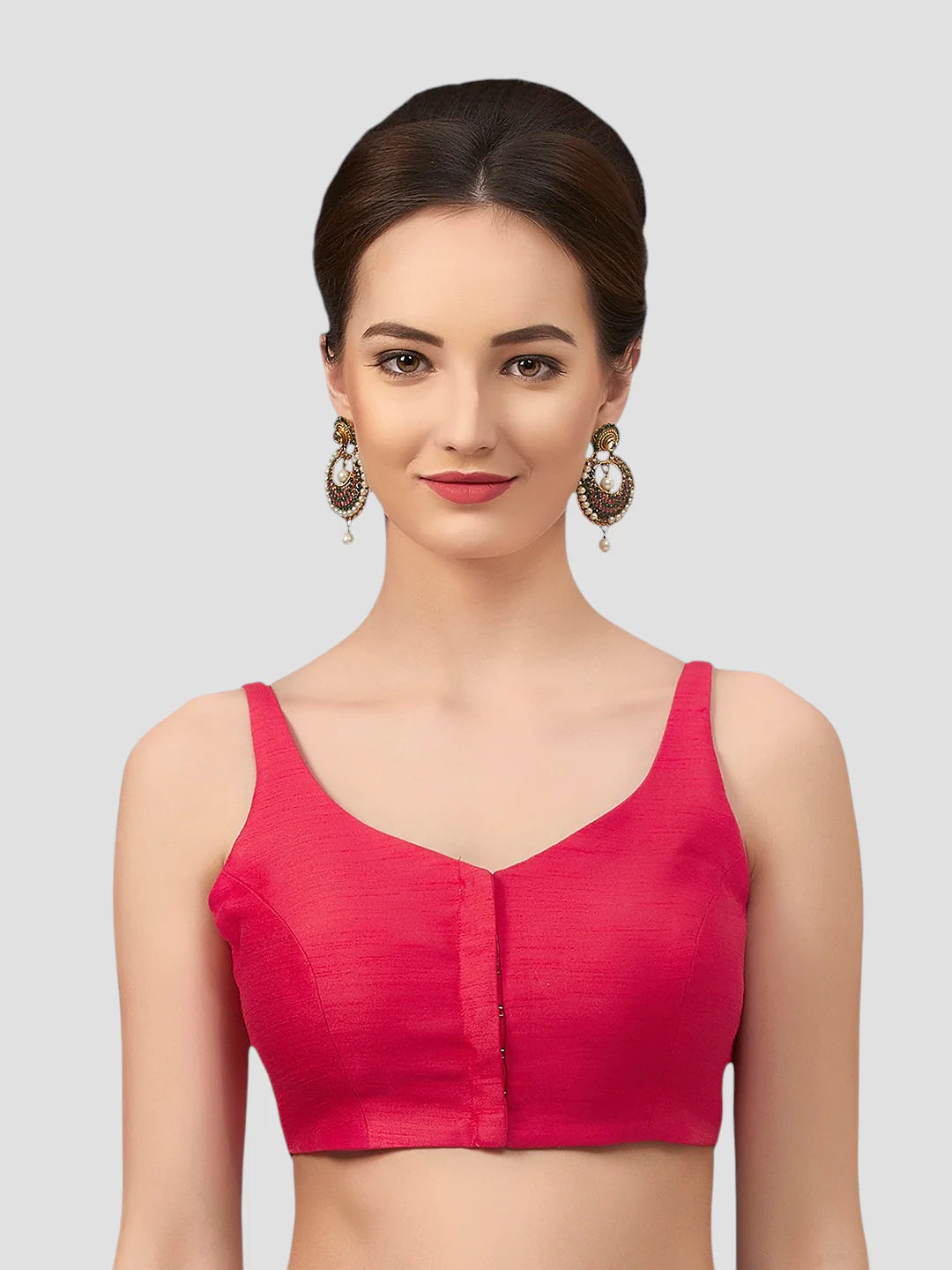 Rani Pink Silk V Neck Sleeveless Readymade Blouse