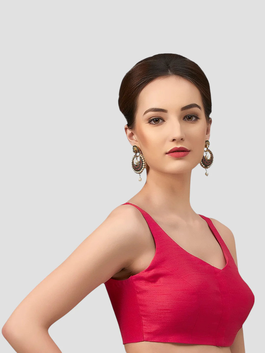 Rani Pink Silk V Neck Sleeveless Readymade Blouse