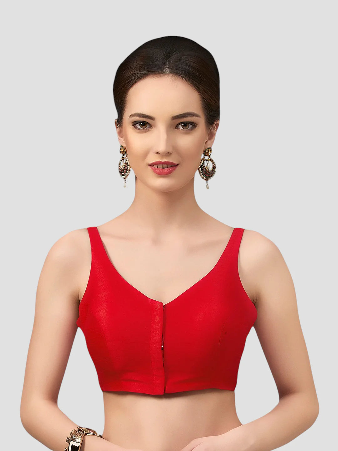 Red Silk V Neck Sleeveless Readymade Blouse